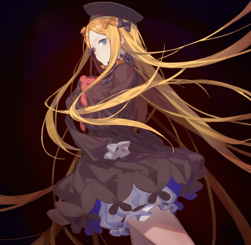 1girl abigail_williams_(fate/grand_order) black_background black_bow black_dress black_hat blonde_hair bloomers blue_eyes bow dress fate/grand_order fate_(series) female gothic_lolita hair_bow hair_ornament hat highres lolita_fashion long_hair long_sleeves looking_at_viewer orange_bow polka_dot polka_dot_bow red_cucumber simple_background sleeves_past_wrists solo stuffed_animal stuffed_toy teddy_bear underwear white_bloomers