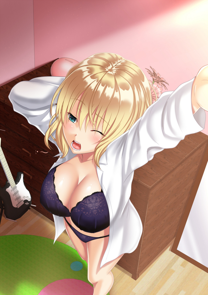 1girl arm_up bare_shoulders blonde_hair bra breasts cleavage collarbone commentary_request dress_shirt electric_guitar frilled_bra frills guitar highres indoors instrument large_breasts lingerie long_sleeves naked_shirt one_eye_closed open_mouth original pajamas purple_bra shirt solo standing stretch tawagoto_dukai_no_deshi underwear yawning