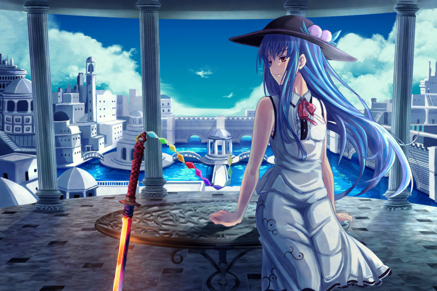 1girl adapted_costume bare_shoulders blue_hair bow commentary_request dress food fruit hat highres hinanawi_tenshi long_hair peach red_bow red_eyes red_neckwear revision sitting sleeveless sleeveless_dress solo sword sword_of_hisou table torottye touhou weapon white_dress