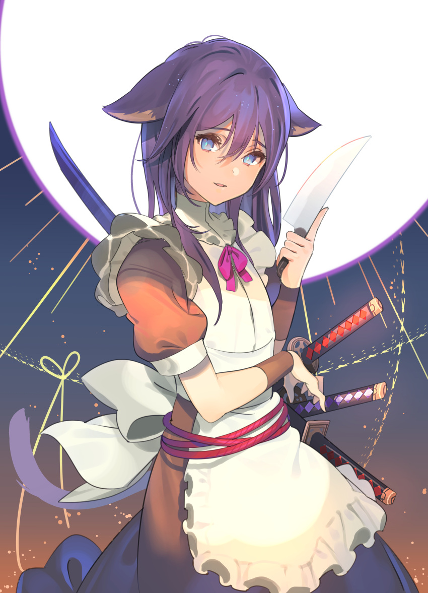 1girl absurdres alternate_costume animal_ears apron bangs black_dress blue_eyes bow cat_ears cat_girl cat_tail commentary_request dress ears_down energy_ball enmaided eyebrows_visible_through_hair hair_between_eyes head_tilt highres holding holding_knife index_finger_raised katana kitchen_knife knife koyoi_mitsuki looking_at_viewer maid maid_apron orb original parted_lips puffy_short_sleeves puffy_sleeves purple_hair sheath sheathed short_sleeves solo sword tail weapon white_apron white_bow wrist_guards