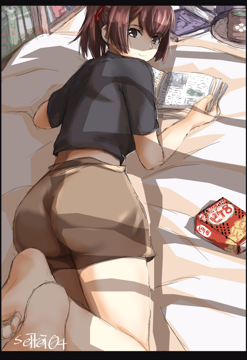 1girl artist_name ass back bare_legs barefoot book brown_eyes brown_hair commentary_request feet food hair_ribbon highres ise_(kantai_collection) kantai_collection looking_at_viewer looking_back lying on_stomach open_book pocky ponytail ribbon seitei_(04seitei) short_hair smile soles solo toes undershirt