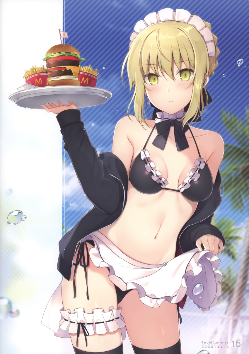 1girl 6u_(eternal_land) absurdres blonde_hair blush breasts highres huge_filesize looking_at_viewer maid_headdress medium_breasts navel scan solo standing swimsuit thigh-highs yellow_eyes
