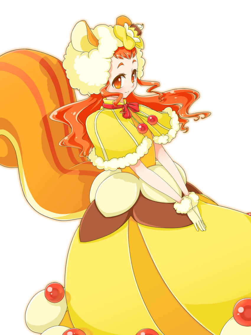 1girl a_la_mode_style_(precure) animal_ears arisugawa_himari cake_hair_ornament closed_mouth cure_custard dress food_themed_clothes food_themed_hair_ornament gloves hair_ornament highres kirakira_precure_a_la_mode long_hair looking_at_viewer magical_girl orange_eyes orange_hair precure shawl simple_background smile solo squirrel_ears squirrel_tail tail v_arms white_background yellow_dress yellow_gloves yougechuu