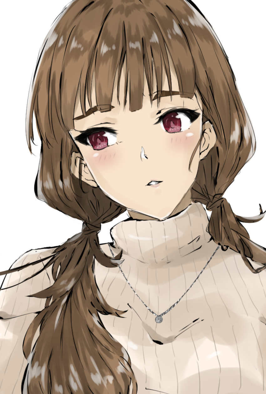 1girl bangs blunt_bangs brown_hair duffy eyebrows highres idolmaster idolmaster_cinderella_girls jewelry kamiya_nao long_hair looking_to_the_side low_twintails necklace parted_lips red_eyes simple_background sketch solo sweater turtleneck turtleneck_sweater twintails