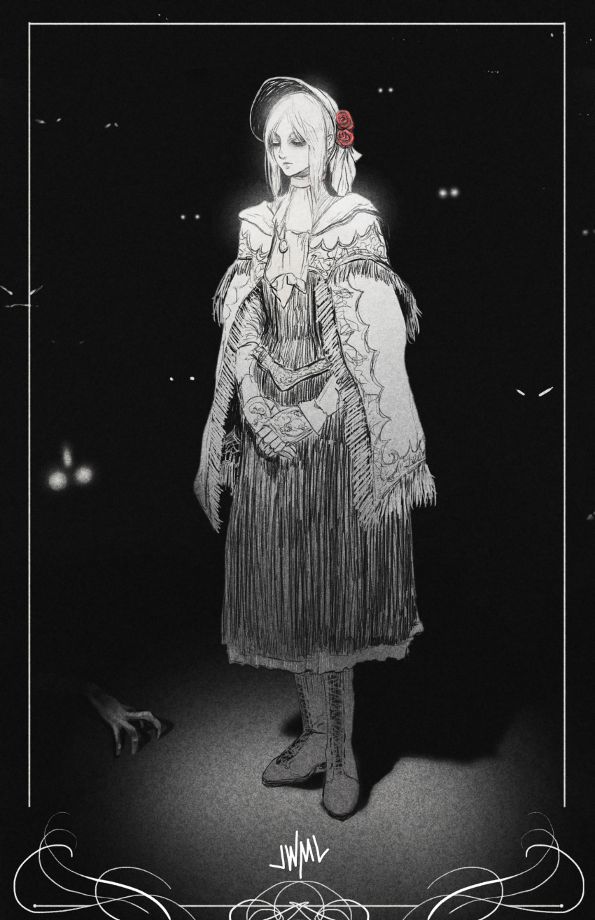 1girl absurdres black_background bloodborne bonnet boots cape capelet closed_eyes closed_mouth commentary cravat dress flower full_body gloves greyscale highres justin_leyva_(steamy_tomato) long_hair long_sleeves monochrome plain_doll red_rose rose signature solo_focus spot_color standing
