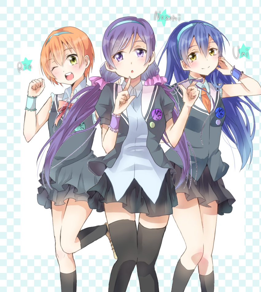 3girls ;) armband artist_request black_legwear black_skirt blue_hair blush character_name checkered checkered_background commentary_request dress green_eyes hair_ornament hair_twirling hairband highres hoshizora_rin lily_white_(love_live!) long_hair looking_at_viewer love_live! love_live!_school_idol_project low_twintails multiple_girls one_eye_closed open_mouth orange_hair purple_hair scrunchie short_hair skirt smile sonoda_umi thigh-highs toujou_nozomi twintails yellow_eyes