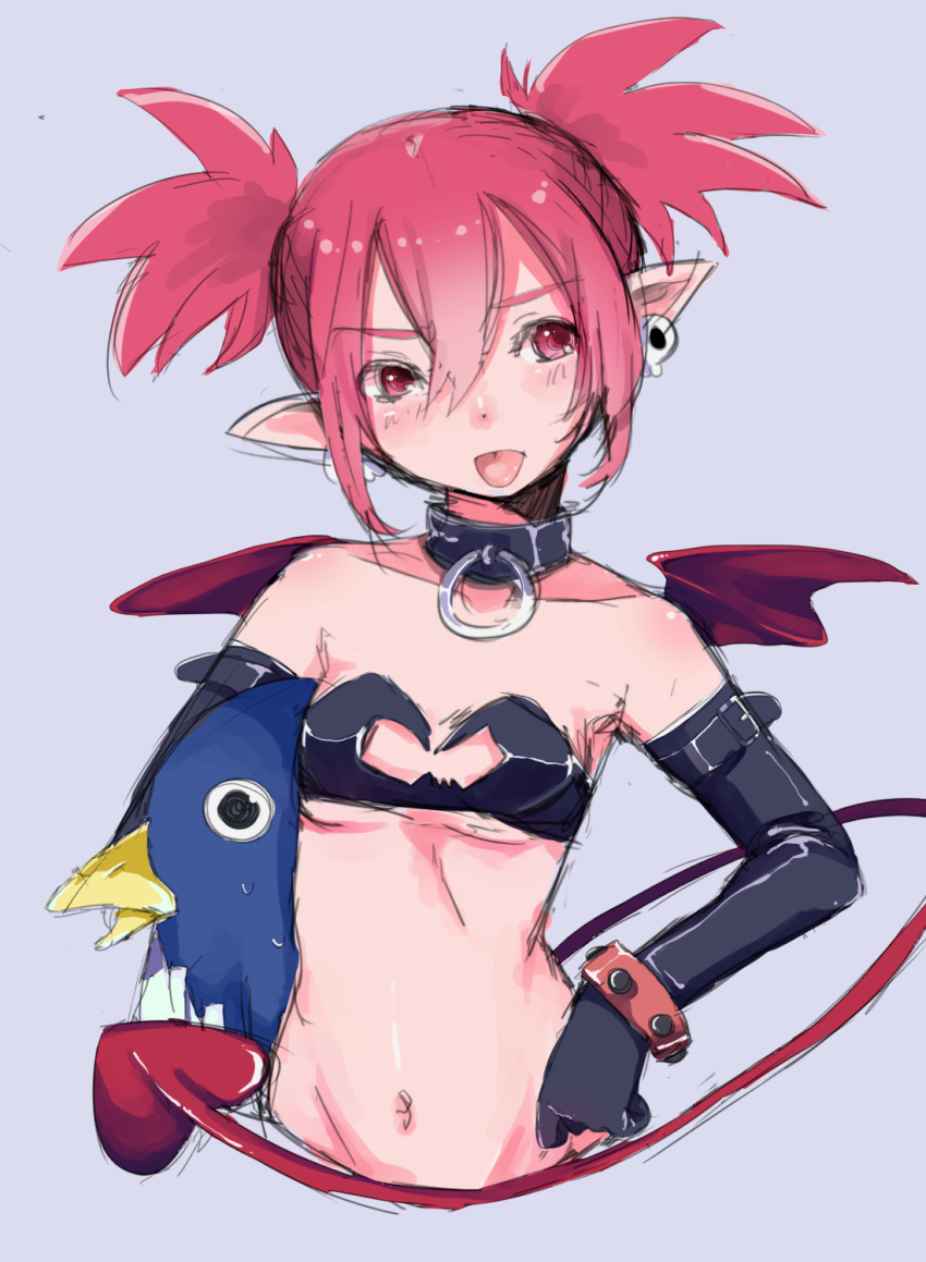 1girl bare_shoulders black_gloves bracelet breasts choker demon_girl demon_tail disgaea earrings etna gloves highres jewelry long_hair makai_senki_disgaea navel pointy_ears prinny red_eyes redhead simple_background sketch small_breasts tail twintails wings yoiyoi_(yoiyoi-chan)