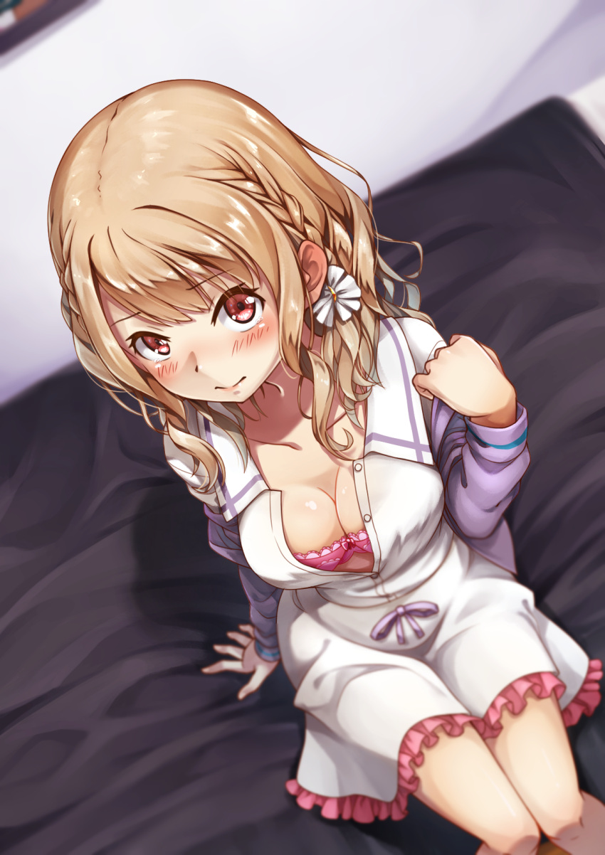 1girl bed blurry blush bow bow_bra bra braid breasts brown_hair cardigan cleavage closed_mouth collarbone commentary_request depth_of_field dress dutch_angle eyebrows_visible_through_hair frills from_above hair_between_eyes highres imouto_sae_ireba_ii indoors long_hair long_sleeves looking_at_viewer medium_breasts off_shoulder on_bed open_cardigan open_clothes partially_unbuttoned pink_bow pink_bra purple_cardigan red_eyes saira shirakawa_miyako side_braid single_braid sitting solo underwear white_dress