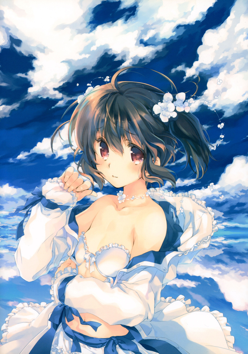 1girl absurdres ahoge blush bra brown_hair collarbone eyebrows_visible_through_hair flat_chest flower hair_flower hair_ornament highres jewelry long_sleeves looking_at_viewer mitsumi_misato necklace off_shoulder official_art red_eyes scan short_hair skirt sky solo twintails unbuttoned underwear