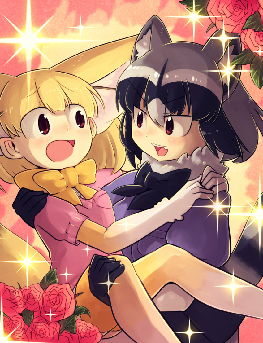 2girls :d animal_ears arm_around_shoulder black_gloves black_hair black_neckwear blonde_hair bow bowtie breast_pocket carrying common_raccoon_(kemono_friends) extra_ears eye_contact eyebrows_visible_through_hair fang fennec_(kemono_friends) flower fox_ears fur_collar gloves green_eyes hair_between_eyes hands_on_another's_shoulder highres ino_(tellu0120) kemono_friends leg_hold looking_at_another multicolored_hair multiple_girls open_mouth pocket princess_carry raccoon_ears raccoon_tail rose short_hair short_sleeves smile sparkle tail thigh-highs yellow_legwear yellow_neckwear