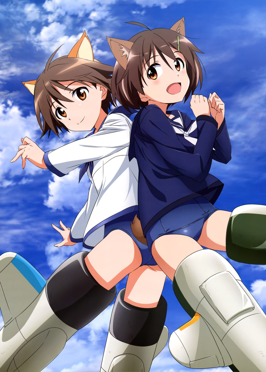 2girls absurdres animal_ears artist_request ass blue_sky blue_swimsuit blush brave_witches brown_eyes brown_hair dog_ears eyebrows_visible_through_hair hair_ornament hairclip highres karibuchi_hikari looking_at_viewer midair military military_uniform miyafuji_yoshika multiple_girls nyantype official_art open_mouth outdoors school_swimsuit school_uniform shiny shiny_hair short_hair sky smile strike_witches striker_unit swimsuit swimsuit_under_clothes tail uniform world_witches_series