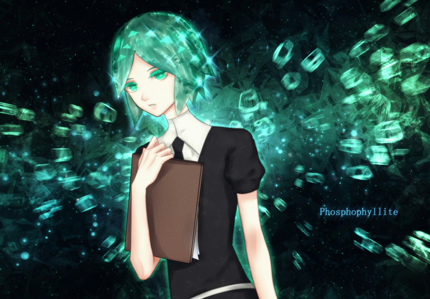 androgynous bangs black_neckwear black_shirt black_shorts bright_pupils character_name clipboard collared_shirt czy_(2894456992) dutch_angle green_eyes green_hair highres houseki_no_kuni looking_at_viewer necktie parted_bangs parted_lips phosphophyllite shiny shiny_hair shirt short_hair shorts solo standing upper_body white_shirt wing_collar