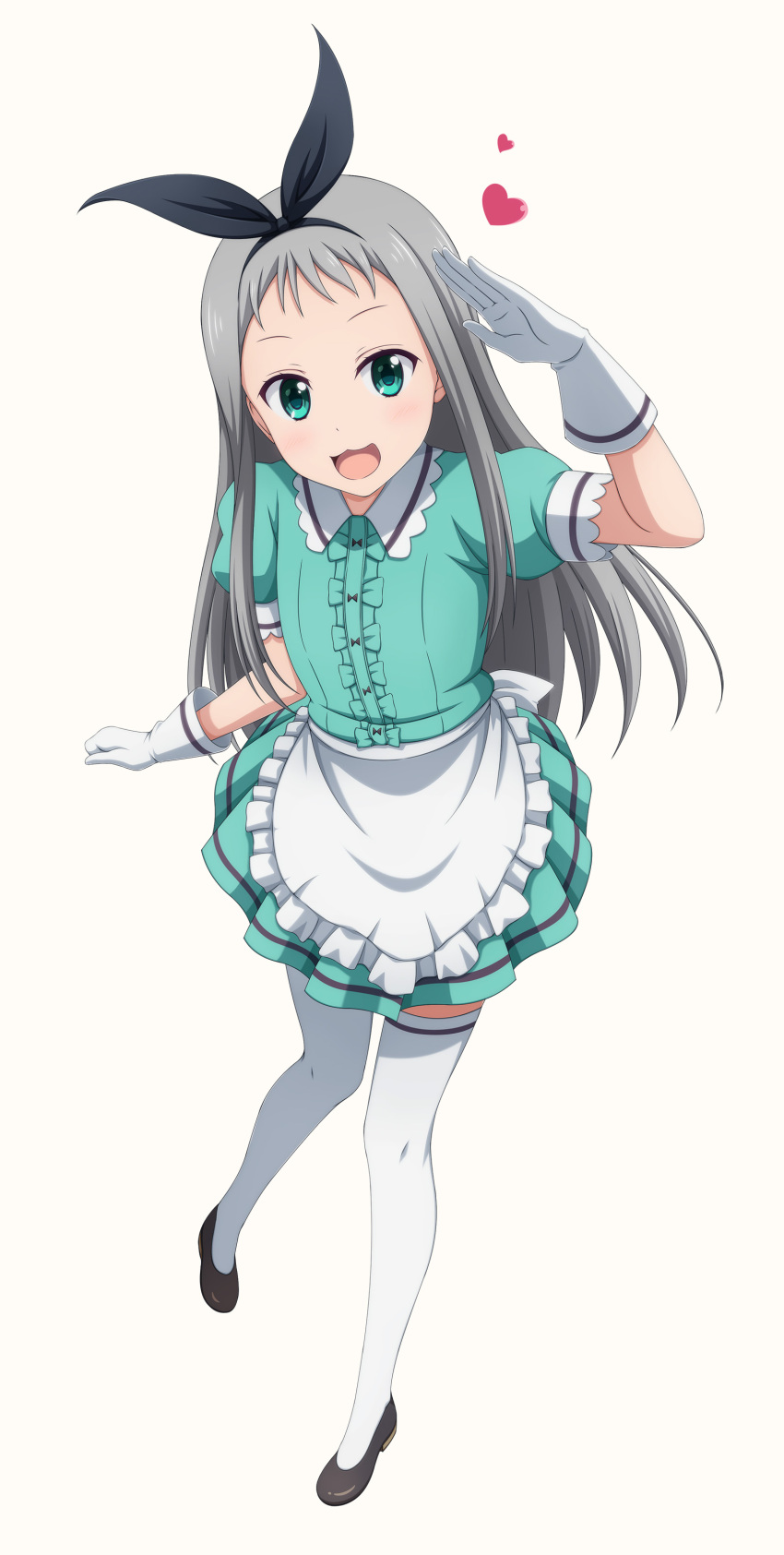1boy :3 absurdres apron aqua_eyes black_bow blend_s bow crossdressinging dress frills full_body gloves hairband heart highres kanzaki_hideri looking_at_viewer maid open_mouth puffy_short_sleeves puffy_sleeves salute shira-nyoro short_sleeves silver_hair smile thigh-highs trap waitress wavy_mouth white_gloves