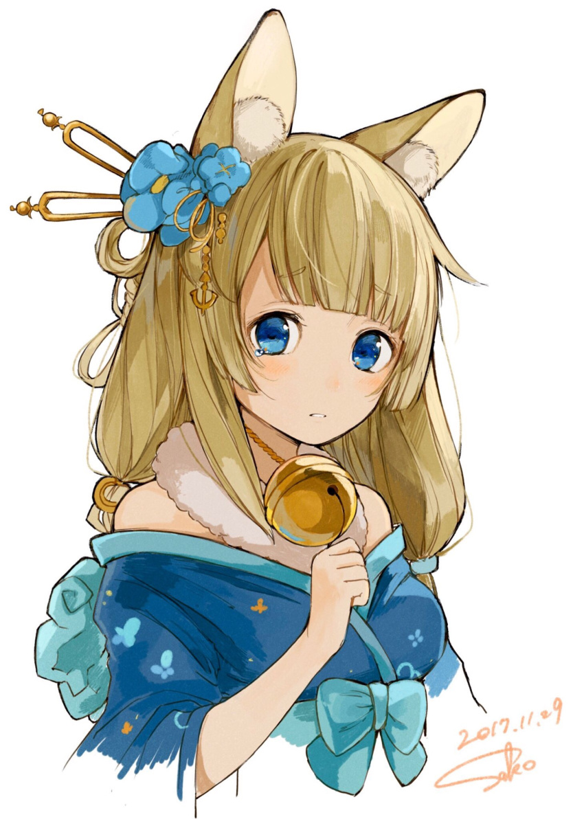 1girl animal_ears azur_lane bangs bare_shoulders bell blonde_hair blue_eyes blue_kimono blunt_bangs blush character_request cropped_torso dated eyebrows_visible_through_hair fox_ears fur_collar highres holding japanese_clothes jewelry jingle_bell kimono long_hair long_sleeves looking_at_viewer low_twintails necklace obi parted_lips sako_(user_ndpz5754) sash signature simple_background solo tears twintails upper_body white_background wide_sleeves