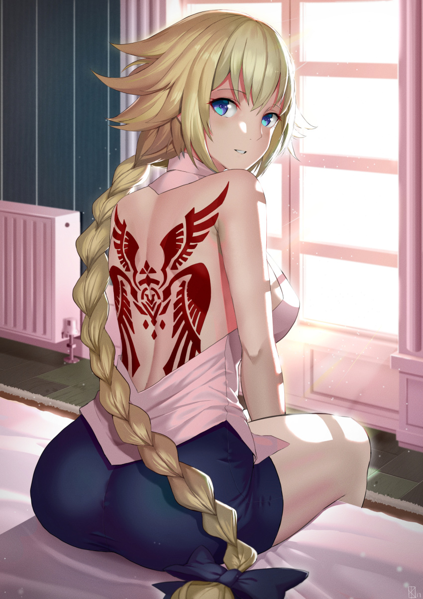 1girl ass back_tattoo backless_outfit backlighting bangs bare_arms bare_shoulders bed between_legs black_bow blonde_hair blue_eyes blue_shorts blush bow braid breasts command_spell day fate/apocrypha fate_(series) flipped_hair from_behind hair_bow halterneck hand_between_legs heater highres indoors jeanne_d'arc_(fate) jeanne_d'arc_(fate)_(all) kakekcaboel long_hair looking_back medium_breasts on_bed parted_bangs shirt short_shorts shorts sideboob single_braid sitting small_breasts solo sunlight tattoo thighs very_long_hair white_shirt window
