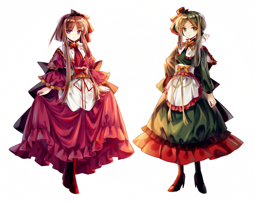 1girl 2girls apron arm_at_side bangs bib black_legwear blunt_bangs bow bowtie brown_hair closed_mouth dress dress_lift eyebrows_visible_through_hair frilled_dress frills full_body green_eyes green_hair hair_bow hairband hat hichou high_heels highres long_sleeves looking_at_viewer mini_hat multiple_girls nail_polish nishida_satono parted_bangs pink_dress red_bow red_footwear red_nails shoes short_hair_with_long_locks simple_background solo standing teireida_mai touhou violet_eyes waist_apron white_background yellow_neckwear