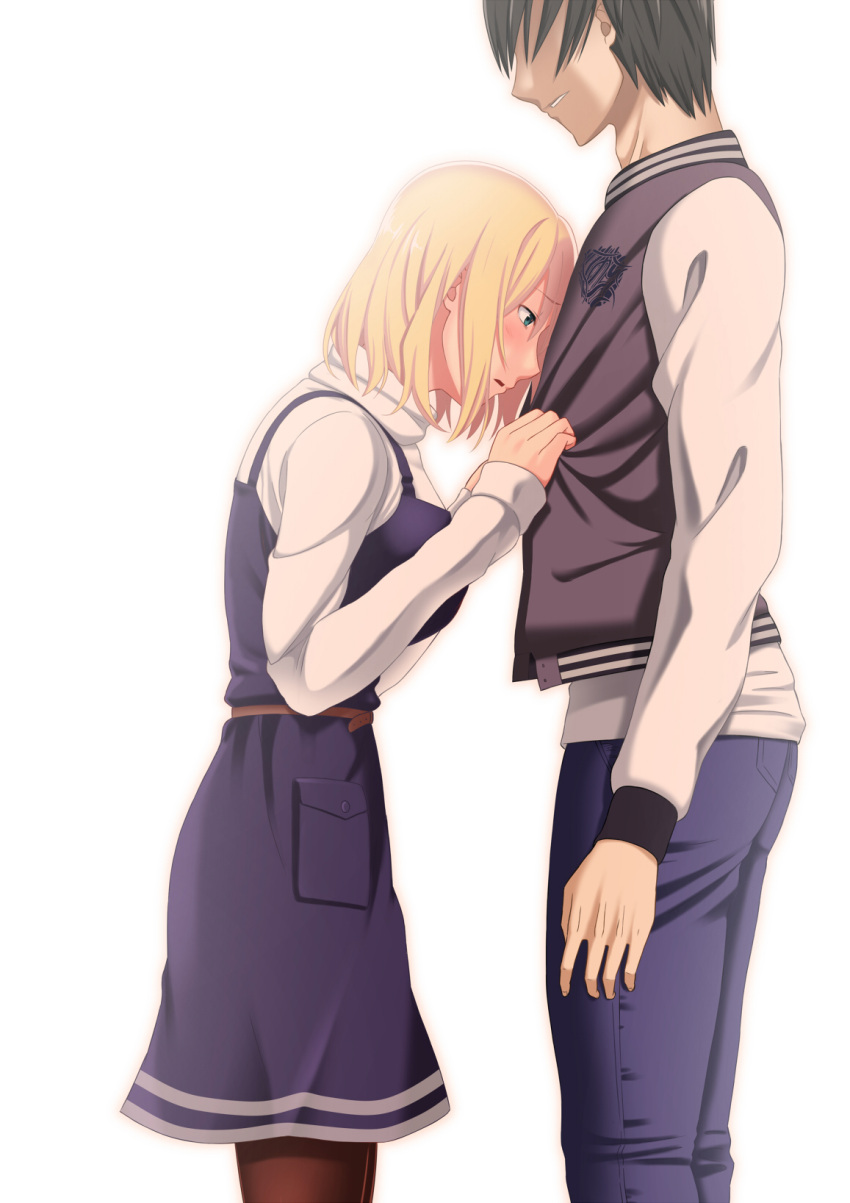 1boy 1girl black_hair blonde_hair blue_eyes blush breasts commentary_request from_side highres jacket large_breasts letterman_jacket long_sleeves original school_uniform short_hair simple_background smirk standing tawagoto_dukai_no_deshi white_background