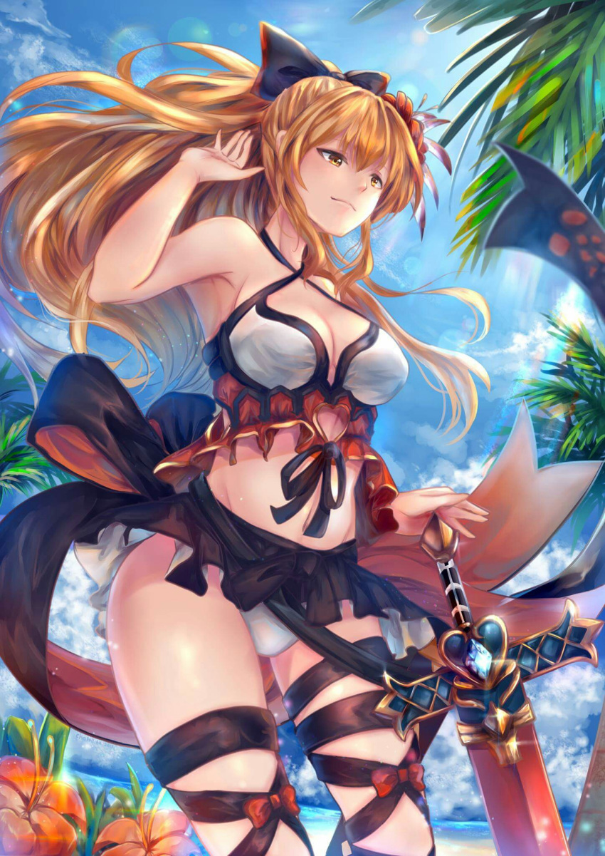 1girl armpits bangs bare_shoulders bikini black_bow blonde_hair blue_sky bow breasts chalollita cleavage closed_mouth cowboy_shot criss-cross_halter day flower granblue_fantasy groin hair_between_eyes hair_bow hair_flower hair_ornament halterneck hibiscus highres large_breasts long_hair navel outdoors ponytail sarong sidelocks sky smile solo stomach sunlight swimsuit sword vira weapon white_bikini yellow_eyes