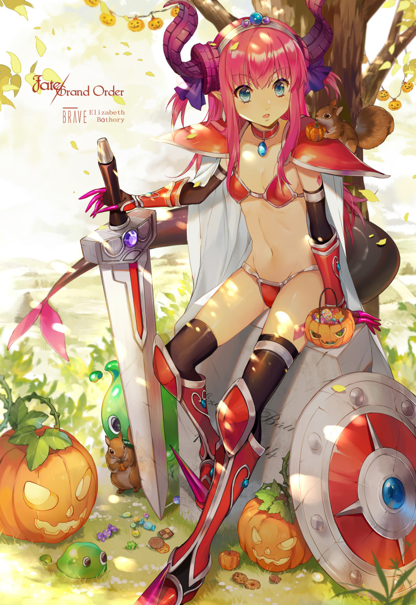 1girl animal animal_on_shoulder arm_support armor armored_boots bangs bikini bikini_armor black_legwear blue_eyes boots breasts broadsword candy candy_wrapper cape character_name checkerboard_cookie choker collarbone commentary_request cookie copyright_name curled_horns day dragon_horns dragon_tail ekita_xuan elizabeth_bathory_(brave)_(fate) elizabeth_bathory_(fate)_(all) eyebrows_visible_through_hair fang fate/grand_order fate_(series) food grass hair_ribbon halloween halloween_basket highres holding holding_food holding_sword holding_weapon horns jack-o'-lantern knee_boots leaves_in_wind lollipop long_hair looking_to_the_side navel outdoors oversized_clothes parted_lips pauldrons pink_hair pointy_ears pumpkin purple_ribbon red_bikini red_choker red_footwear ribbon shield shoes sidelocks sitting slime small_breasts solo spiked_shoes spikes squirrel string_bikini swimsuit sword tail thigh-highs tiara tombstone tree two_side_up v-shaped_eyebrows vambraces weapon white_cape