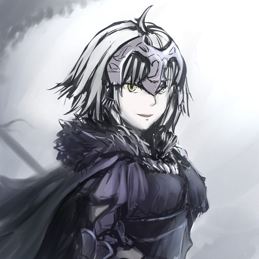1girl ahoge armor bangs banner black_cape black_dress breasts cape dress eyebrows eyebrows_visible_through_hair facing_away fate/grand_order fate_(series) fur_collar headpiece highres jeanne_d'arc_(alter)_(fate) jeanne_d'arc_(fate)_(all) looking_at_viewer nose open_mouth short_hair sketch small_breasts smile solo teeth toyo-1040-maruthi upper_body white_hair white_skin yellow_eyes