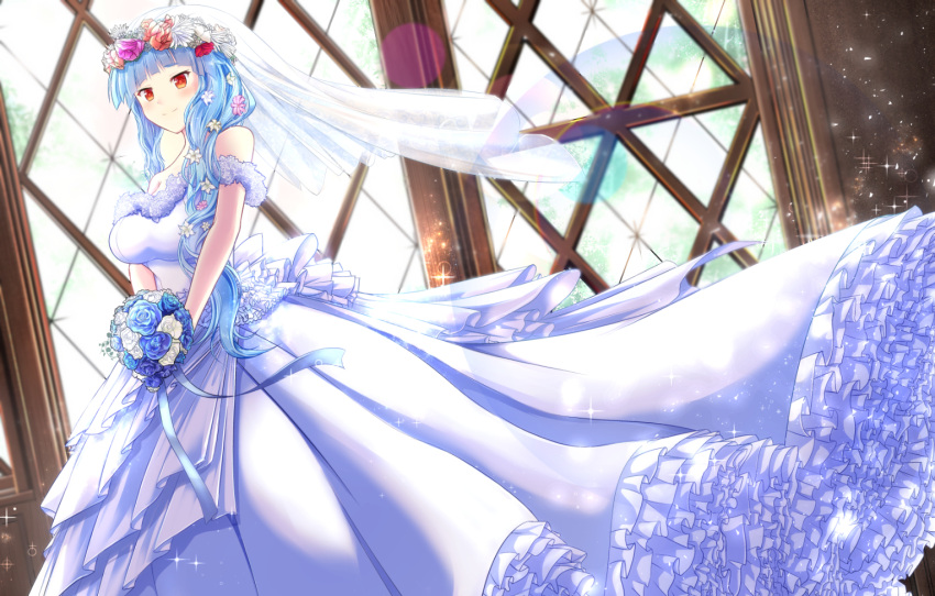 1girl alternate_costume alternate_hairstyle bare_shoulders blue_hair blue_rose blush bouquet breasts bridal_veil bride church_interior day dress flower head_wreath large_breasts long_hair maritchi red_eyes ribbon ring_dream rose sasaki_yukime smile solo standing strapless strapless_dress tiara veil wedding_dress white_dress white_ribbon white_rose window yuki_onna_(ring_dream)