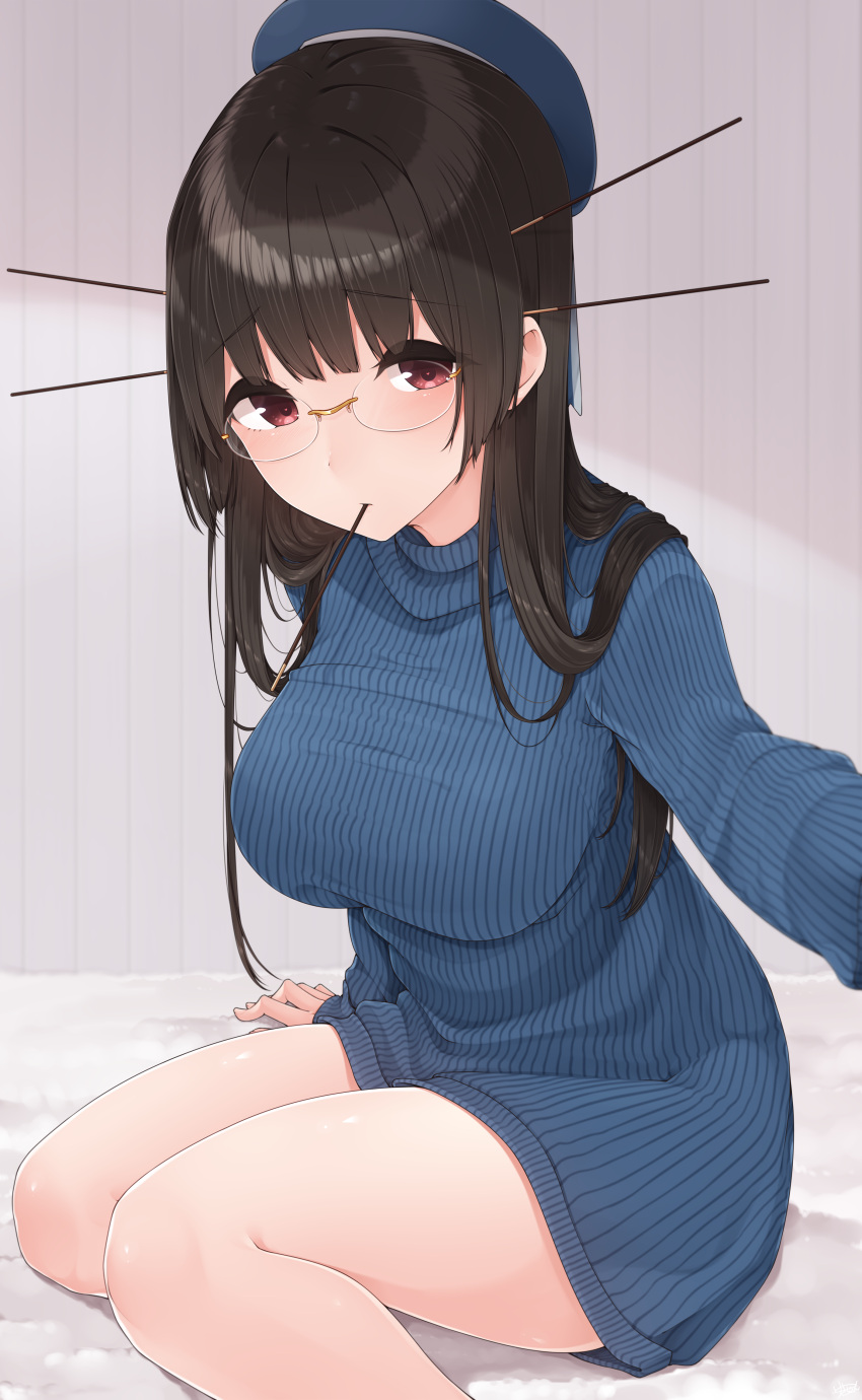 1girl absurdres alternate_costume alternate_hair_length alternate_hairstyle arm_at_side bangs bare_legs bed_sheet beret black_hair blue_hat blue_sweater blunt_bangs blush breasts choukai_(kantai_collection) dress eyebrows eyebrows_visible_through_hair food food_in_mouth hair_ornament hat highres kantai_collection large_breasts long_hair long_sleeves looking_at_viewer mouth_hold outstretched_arm pocky raised_eyebrows red_eyes remodel_(kantai_collection) revision rimless_eyewear self_shot shiny shiny_hair sitting sleeves_past_wrists solo striped sweater sweater_dress thighs vertical_stripes yukichi_(sukiyaki39)
