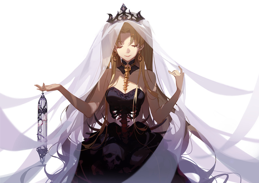 1girl ^_^ arms_up ask_(askzy) bangs black_dress blonde_hair breasts cleavage closed_eyes closed_mouth collarbone detached_collar dress earrings ereshkigal_(fate/grand_order) eyebrows_visible_through_hair fate_(series) jewelry long_hair medium_breasts shadow simple_background skull smile solo tiara twintails veil very_long_hair white_background