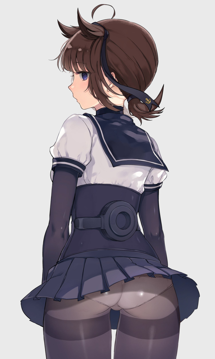 1girl absurdres ahoge arms_at_sides ass blue_eyes brown_hair cowboy_shot from_behind grey_background hair_flaps hair_ribbon hatsuzuki_(kantai_collection) highres kantai_collection looking_back miniskirt oniku_(oishii_oniku) panties panties_under_pantyhose pantyhose pleated_skirt profile ribbon sailor_collar short_hair short_ponytail simple_background skirt skirt_lift solo thighband_pantyhose underbust underwear white_panties