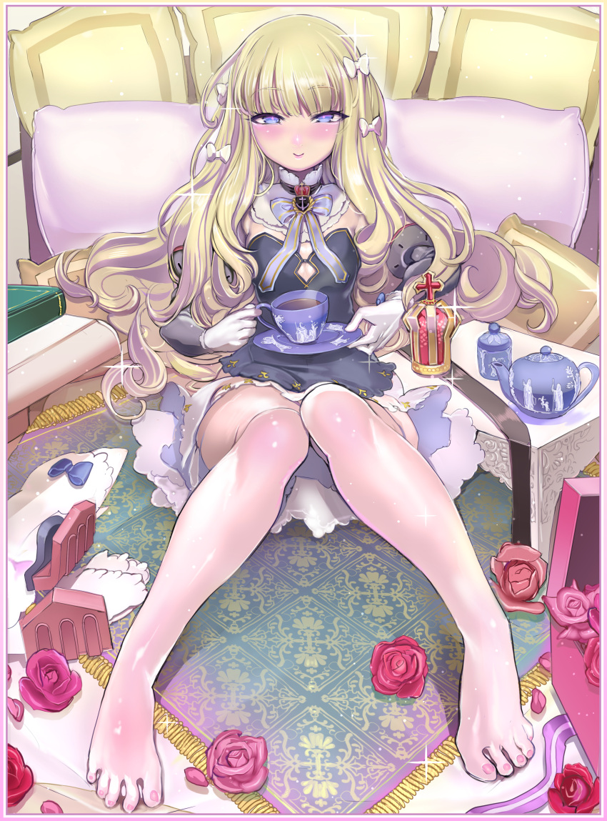 1girl absurdres azur_lane barefoot blonde_hair blue_eyes blush bow breasts cleavage crown_removed cup feet flower gloves hair_bow highres knees_together_feet_apart long_hair looking_at_viewer pillow pinkjoe queen_elizabeth_(azur_lane) rose saucer sitting smile solo teacup teapot toes white_gloves