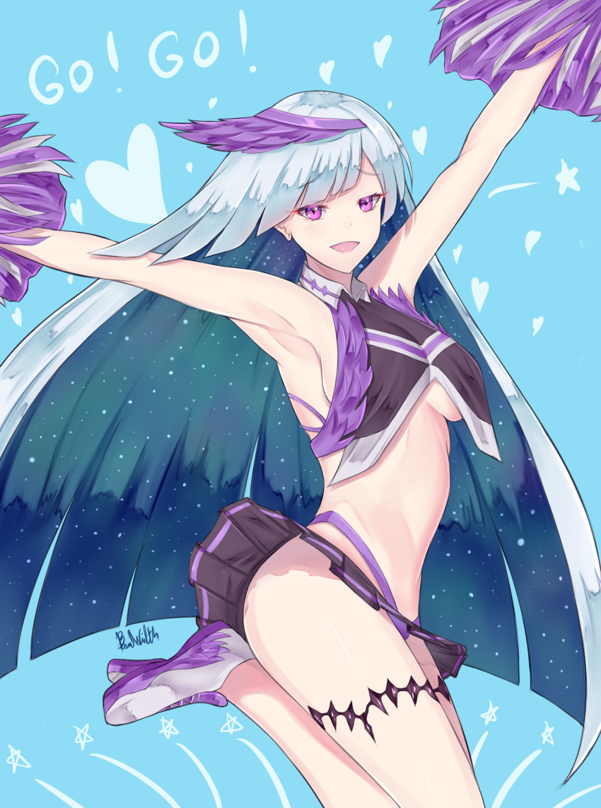 arm_up armpits artist_name asymmetrical_bangs bangs bent_knees blackwatchar breasts bustier cheer_for_master cheering cheerleader english eyebrows_visible_through_hair fate/grand_order fate_(series) halterneck heart highleg highleg_panties highres hips jumping lancer_(fate/prototype_fragments) large_breasts long_hair looking_at_viewer microskirt no_bra open_mouth outstretched_arms panties pleated_skirt pom_poms sideboob silver_hair skirt skirt_lift smile spread_arms star thigh_strap under_boob underwear very_long_hair violet_eyes visor_cap