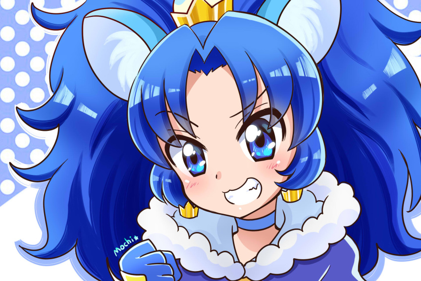 1girl animal_ears bangs blue_eyes blue_hair blue_neckwear blue_shirt choker clenched_hand crown cure_gelato earrings grin highres hinata_naomi jewelry kirakira_precure_a_la_mode lion_ears long_hair looking_at_viewer magical_girl mini_crown parted_bangs precure shirt signature smile solo tategami_aoi upper_body