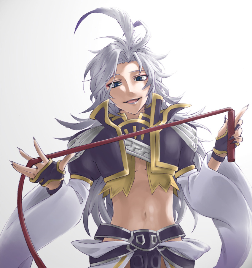 1boy :d androgynous blue_eyes eyeliner feathers final_fantasy final_fantasy_ix fingerless_gloves fingernails gloves hair_feathers highres kokonotsu_(popoxxx0516) kuja lipstick long_hair looking_at_viewer makeup male_focus midriff nail_polish navel open_mouth sharp_fingernails silver_hair simple_background slit_pupils smile solo whip wide_sleeves