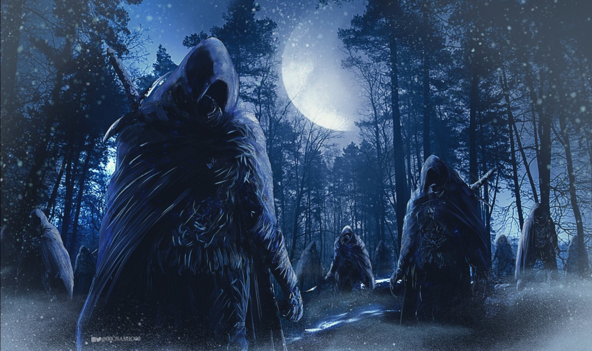 00osamio00 6+girls armor artist_name black_armor black_cloak black_knife_(elden_ring) black_knife_assassin cloak elden_ring forest full_moon highres holding holding_weapon hood hooded_cloak instagram_username moon multiple_girls nature night night_sky sky tree twitter_username weapon