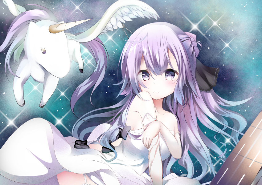 1girl azur_lane bangs bare_shoulders black_bow black_ribbon blush bow breasts closed_mouth commentary_request dress elbow_gloves eyebrows_visible_through_hair feathered_wings flight_deck garter_straps gloves hair_between_eyes hair_bun hair_ribbon highres kuromiko_shoujo looking_at_viewer looking_to_the_side medium_breasts one_side_up pegasus purple_hair ribbon side_bun sky smile solo star_(sky) starry_sky strapless strapless_dress unicorn unicorn_(azur_lane) violet_eyes white_dress white_gloves white_wings wings