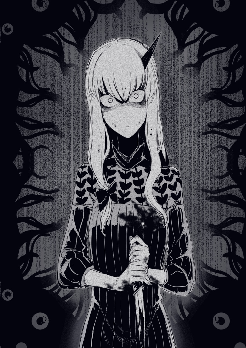 1girl blood blood_splatter bloody_weapon closed_mouth fate/grand_order fate_(series) fingernails greyscale hair_between_eyes highres holding holding_knife horn knife lavinia_whateley_(fate/grand_order) long_hair long_sleeves looking_at_viewer monochrome nakamura_regura reverse_grip sanpaku solo standing static turtleneck two-handed weapon wide-eyed