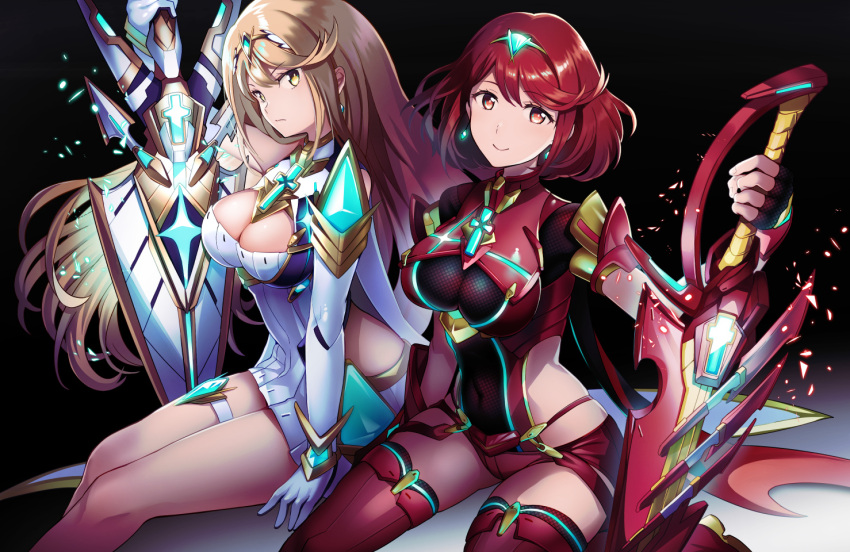 2girls armor blonde_hair breasts cleavage dress fingerless_gloves gloves green_legwear mythra_(xenoblade) pyra_(xenoblade) ika large_breasts long_hair looking_at_viewer medium_breasts multiple_girls navel red_eyes redhead short_hair smile sword thigh-highs weapon white_background xenoblade xenoblade_2 yellow_eyes