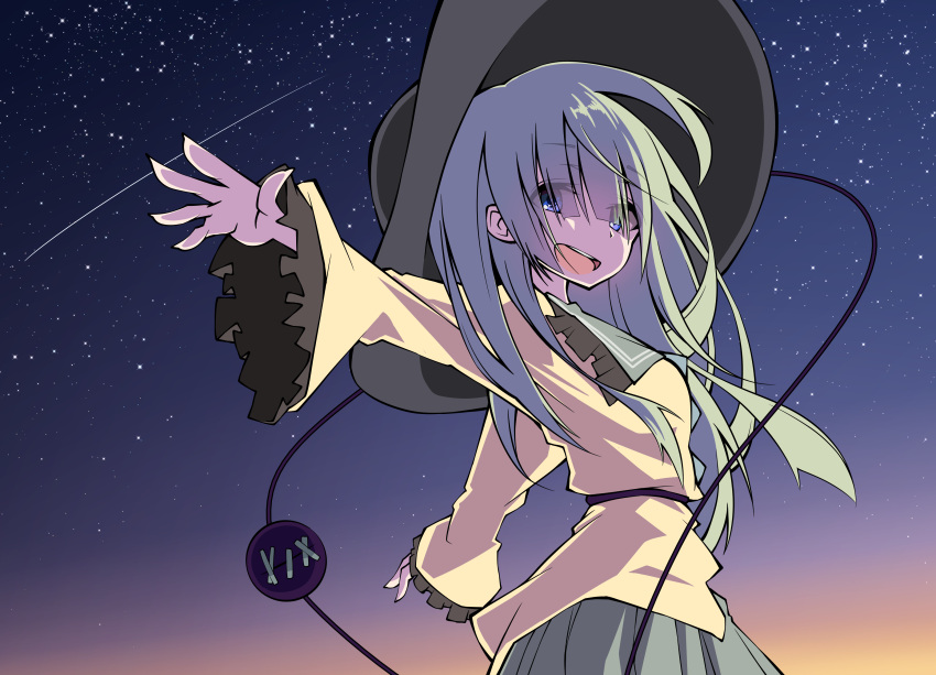 1girl absurdres belt blue_eyes cowboy_shot green_hair green_skirt hat heart heart_of_string highres komeiji_koishi long_sleeves looking_at_viewer night night_sky open_mouth outstretched_arms sakakiba_misogi shooting_star skirt sky solo star_(sky) starry_sky third_eye touhou wide_sleeves