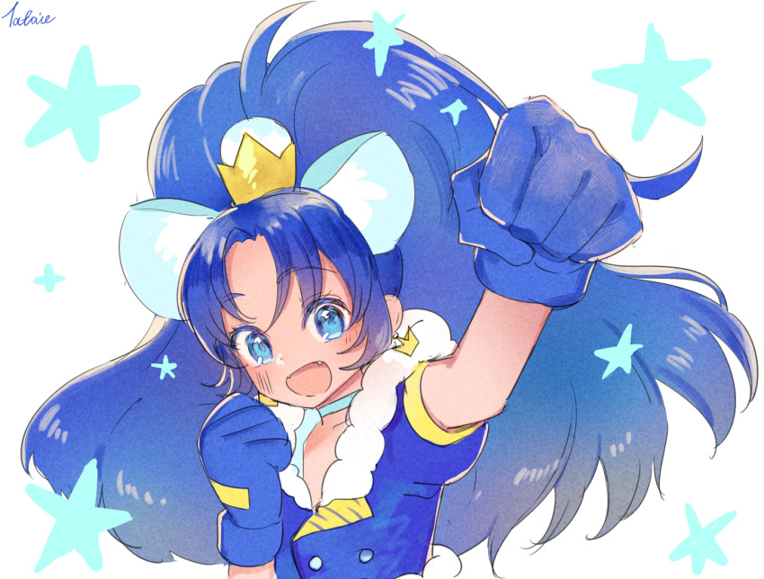 1girl :d animal_ears blue_eyes blue_gloves blue_hair blue_neckwear blue_shirt choker clenched_hand crown cure_gelato earrings ekki extra_ears gloves jewelry kirakira_precure_a_la_mode lion_ears long_hair looking_at_viewer magical_girl mini_crown open_mouth precure shirt signature simple_background smile solo star tategami_aoi upper_body white_background