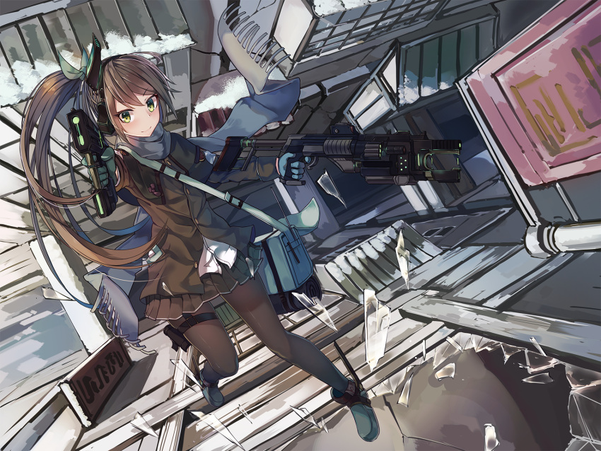 1girl bag black_legwear brown_hair brown_jacket brown_skirt closed_mouth dual_wielding ear_protection falling foreshortening full_body glass_shards green_eyes grey_scarf gun hair_ribbon headphones highres holding holding_gun holding_weapon jacket long_hair looking_at_viewer natori_youkai original pantyhose ponytail ribbon rifle shirt shoulder_bag skirt smile solo weapon white_shirt