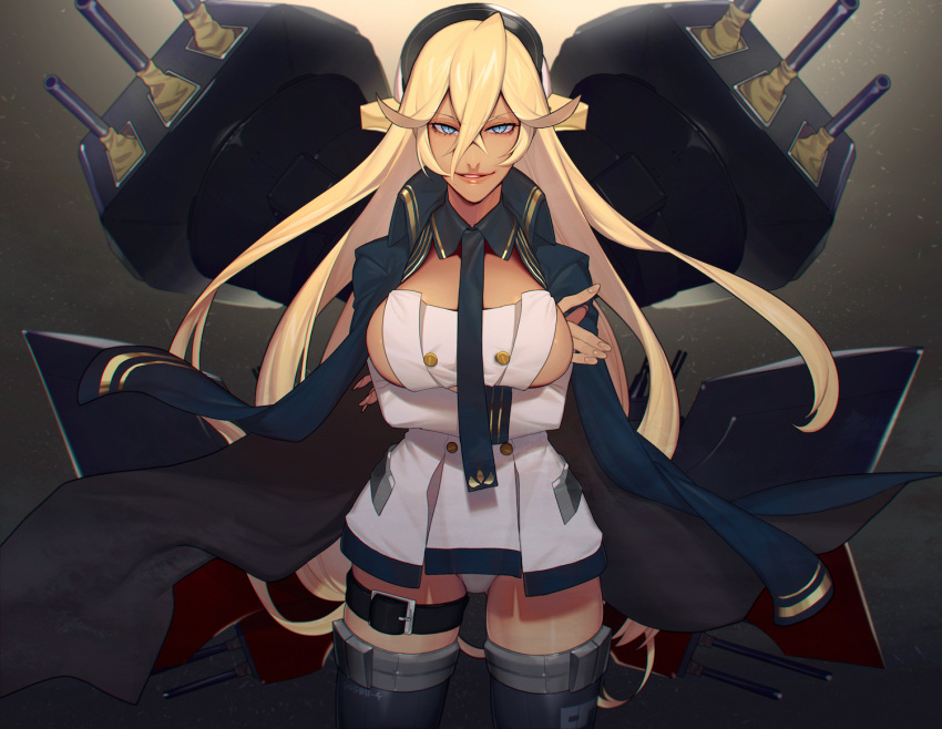 1girl azur_lane black_gloves black_legwear blonde_hair blue_eyes breast_hold breasts buttons coat cowboy_shot dark_skin detached_collar dress fingerless_gloves gloves hair_between_eyes hat jacket_on_shoulders large_breasts lips long_hair microdress necktie no_bra open_clothes open_coat panties parted_lips peaked_cap smile sokuse_kienta solo tennessee_(azur_lane) thigh-highs thigh_strap turret underwear very_long_hair white_panties
