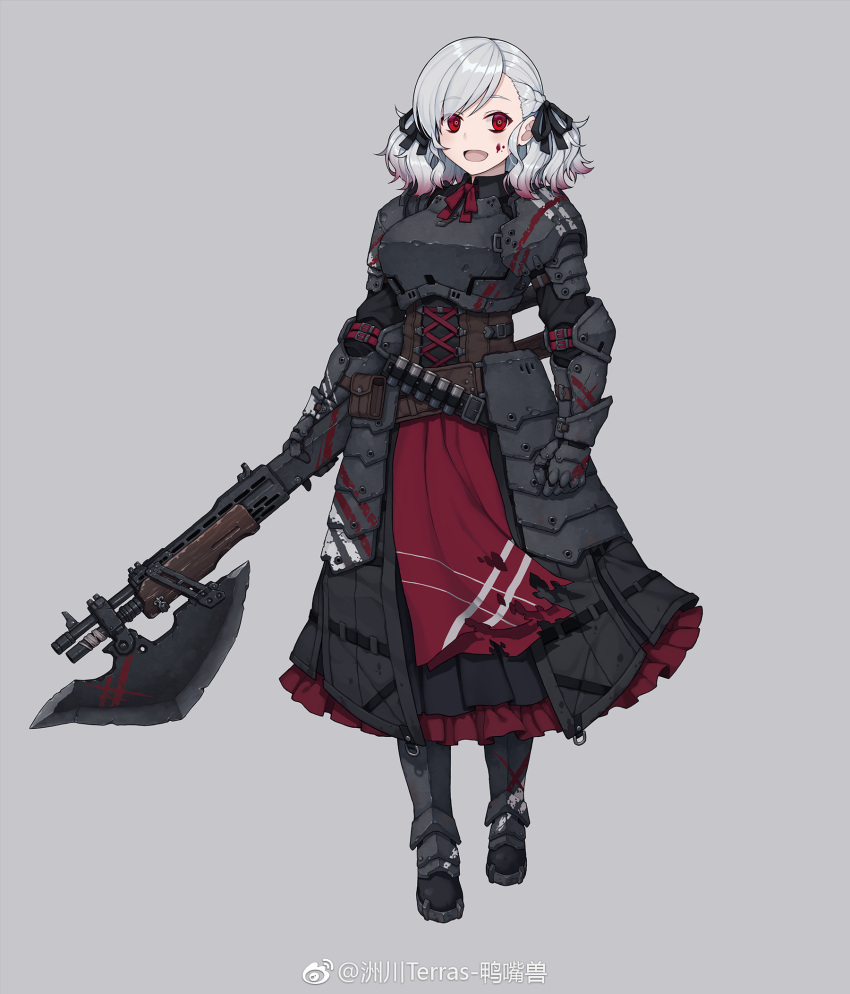 1girl blood blood_on_face crazy_eyes darkest_dungeon full_body girls_frontline grey_background grey_hair gun highres looking_at_viewer namesake open_mouth plate_armor red_eyes shotgun solo spas-12 spas-12_(girls_frontline) terras twintails weapon