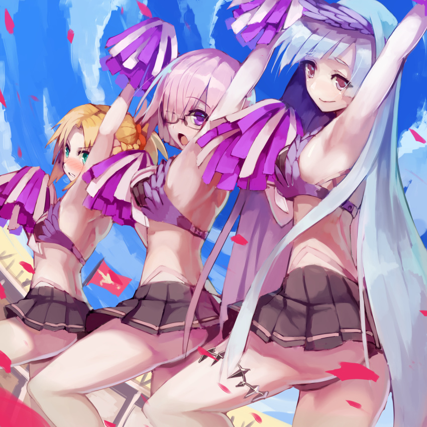 3girls arm_up armpits asymmetrical_bangs back bangs black_panties blonde_hair blush breasts bustier cheer_for_master cheering cheerleader cosplay fate/grand_order fate_(series) glasses green_eyes hair_over_one_eye highleg highleg_panties highres lancer_(fate/prototype_fragments) lancer_(fate/prototype_fragments)_(cosplay) lavender_hair long_hair looking_at_viewer mash_kyrielight medium_breasts microskirt mordred_(fate) mordred_(fate)_(all) multiple_girls nose_blush open_mouth outdoors panties pantyshot pantyshot_(standing) petals ponytail short_hair sideboob skirt sky small_breasts smile standing sue_(bg-bros) underwear very_long_hair