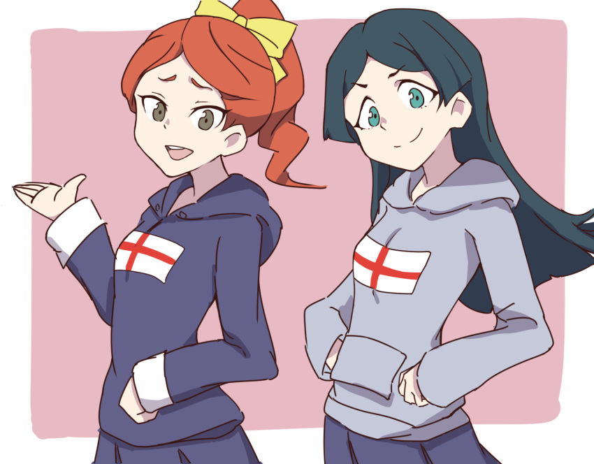 barbara_parker blue_eyes blue_hair bow english_flag grey_eyes hair_bow hanna_england highres hood hoodie john_zhang little_witch_academia long_hair open_mouth orange_hair skirt smile