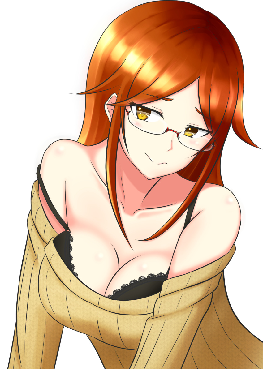 1girl bare_shoulders black_bra bra breasts brown_hair cleavage collarbone eyebrows_visible_through_hair glasses highres lace lace-trimmed_bra large_breasts looking_at_viewer nakiri_hout off_shoulder original ribbed_sweater rimless_eyewear simple_background smile solo strap_slip sweater underwear upper_body white_background yellow_eyes