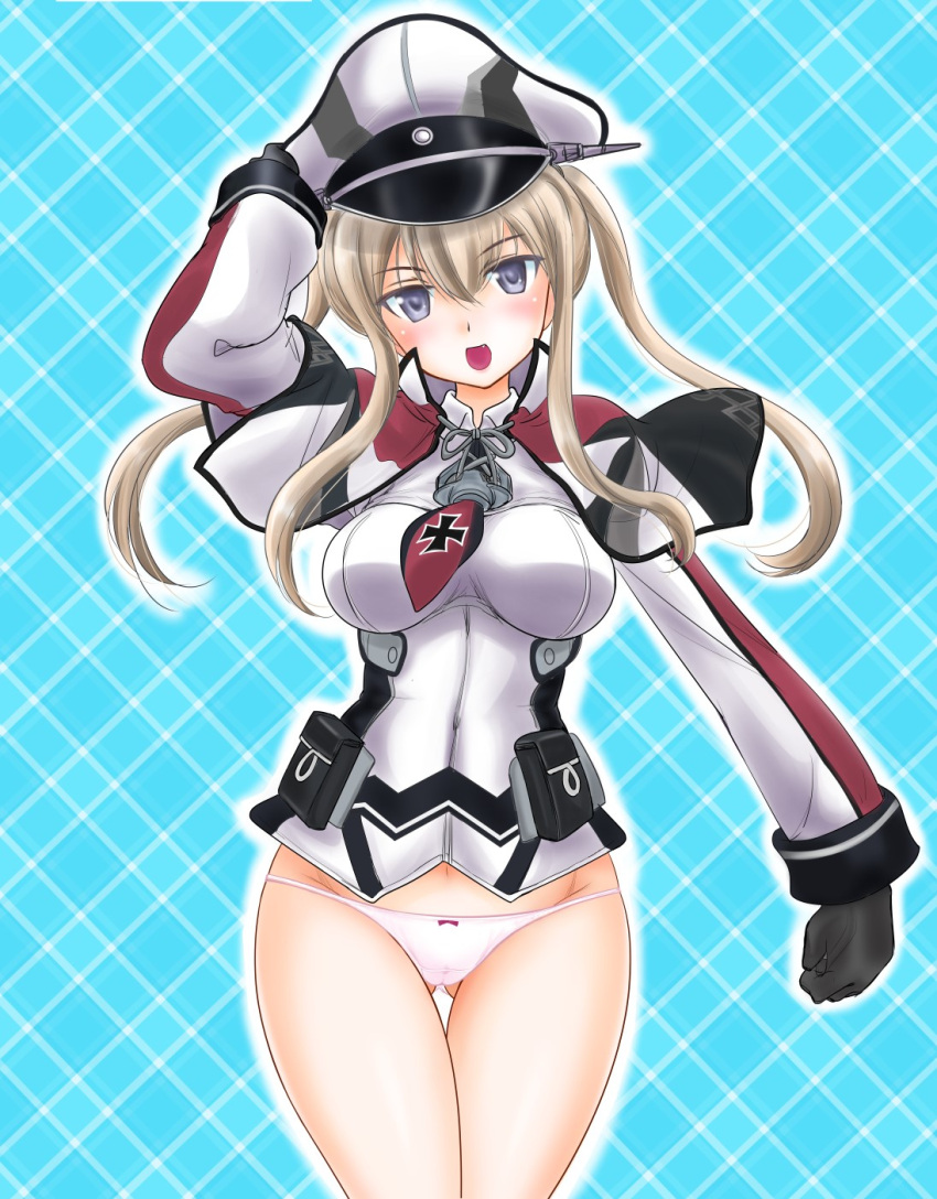 1girl adjusting_clothes adjusting_hat blonde_hair blue_eyes capelet cowboy_shot crotch_seam fang gloves gluteal_fold graf_zeppelin_(kantai_collection) hat highres jacket kantai_collection long_hair long_sleeves looking_at_viewer no_pants open_mouth panties peaked_cap pink_panties smile solo standing tachibana_hiroki twintails underwear
