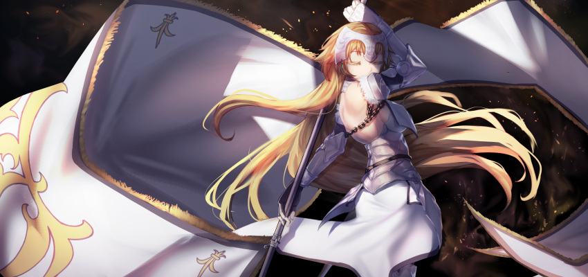 1girl absurdres armor armored_dress blonde_hair breasts closed_eyes dress fate/apocrypha fate/grand_order fate_(series) floating_hair from_behind highres jeanne_d'arc_(alter)_(fate) jeanne_d'arc_(fate) jeanne_d'arc_(fate)_(all) long_hair medium_breasts sideboob solo standing very_long_hair white_dress yamaori_(yamaorimon)