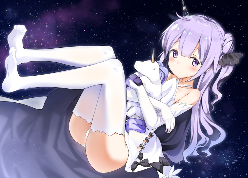 1girl ahoge ass azur_lane bare_shoulders bell_(oppore_coppore) collarbone commentary_request dorsiflexion dress elbow_gloves feet full_body gloves hair_bun hair_ribbon long_hair looking_at_viewer night night_sky no_shoes object_hug one_side_up panties pantyshot pantyshot_(sitting) purple_hair revision ribbon side_bun sitting sky smile soles solo star_(sky) starry_sky stuffed_animal stuffed_pegasus stuffed_toy stuffed_unicorn thigh-highs toes underwear unicorn_(azur_lane) very_long_hair violet_eyes white_dress white_legwear white_panties zettai_ryouiki