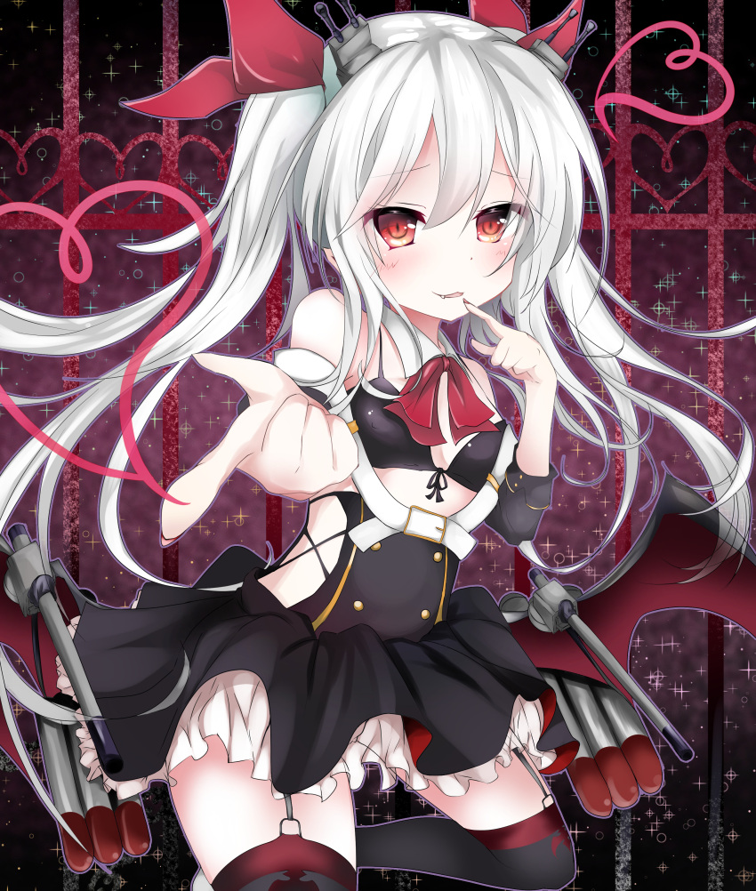 1girl absurdres azur_lane bangs bare_shoulders bat_wings belt_buckle black_bikini_top black_dress black_legwear blush buckle cannon commentary_request detached_collar dress eyebrows_visible_through_hair fang fang_out finger_to_mouth fingernails front-tie_bikini front-tie_top garter_straps hair_between_eyes hair_ornament hair_ribbon halter_top halterneck heart highres kuromiko_shoujo long_sleeves looking_at_viewer low_wings nail_polish outstretched_arm parted_lips pointing pointing_at_viewer red_eyes red_nails red_ribbon red_wings ribbon silver_hair smile solo sparkle standing standing_on_one_leg thigh-highs torpedo tsurime twintails vampire_(azur_lane) white_belt wing_collar wings