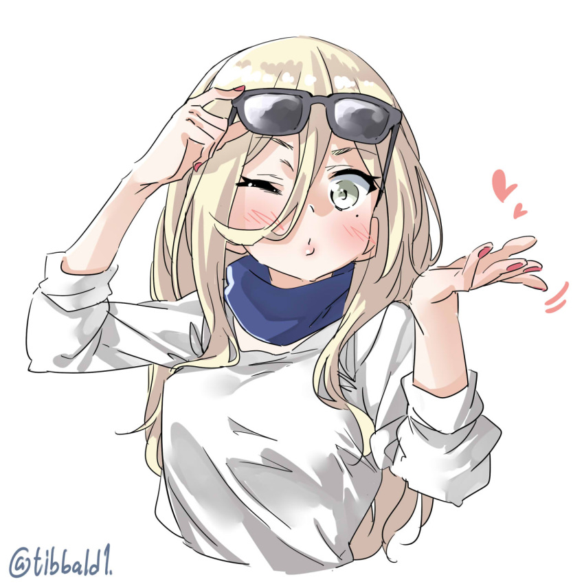 1girl arm_up bangs blonde_hair blown_kiss blush ebifurya eyebrows_visible_through_hair eyewear_on_head grey_eyes hair_between_eyes hand_on_eyewear heart highres kantai_collection long_hair looking_at_viewer mole mole_under_eye nail_polish o3o one_eye_closed richelieu_(kantai_collection) sidelocks simple_background solo sunglasses twitter_username upper_body white_background