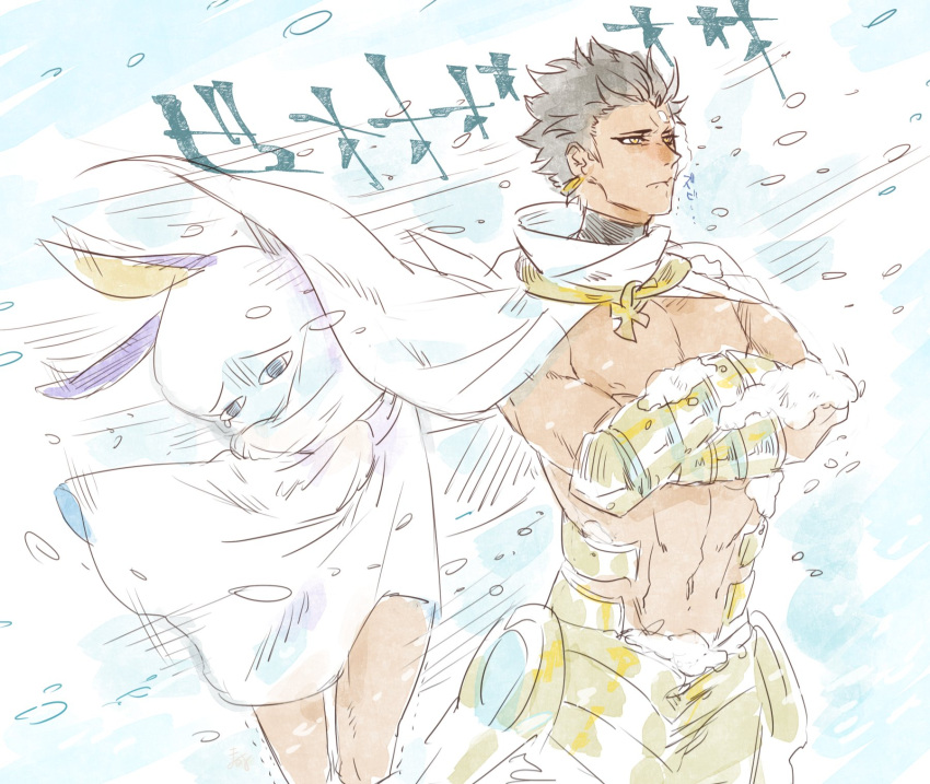 1boy 1girl black_hair cape closed_mouth cold crossed_arms dark_skin dark_skinned_male fate/grand_order fate/prototype fate/prototype:_fragments_of_blue_and_silver fate_(series) harukazu highres jackal_ears medjed nitocris_(fate/grand_order) nitocris_(swimsuit_assassin)_(fate) rider_(fate/prototype_fragments) shirtless snowing trembling white_cape yellow_eyes